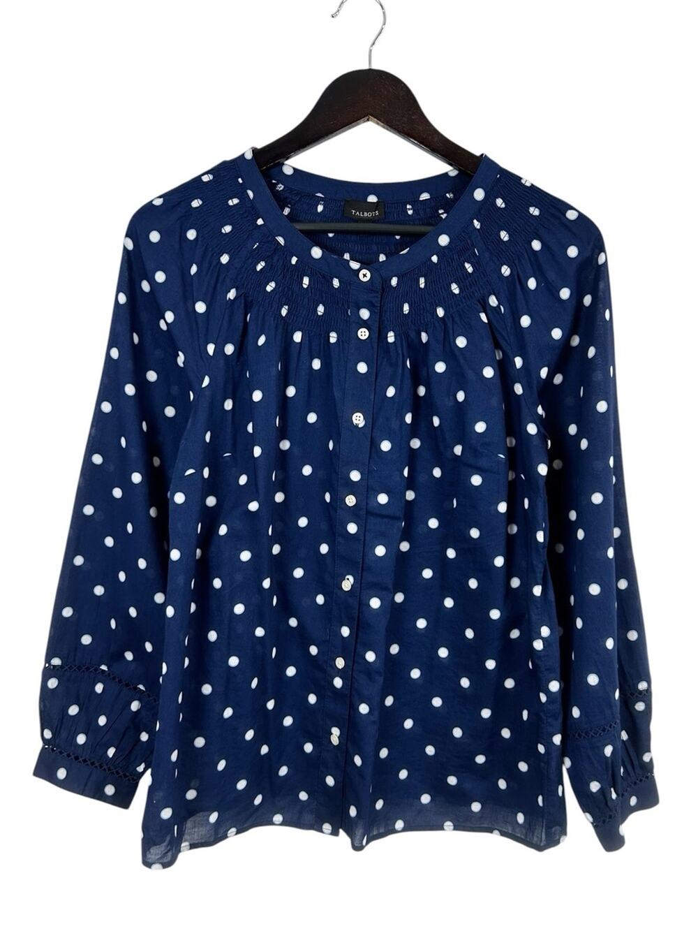 Talbots 100% Cotton Navy Polka Dot Blouse Women's Size Small Balloon Sleeve